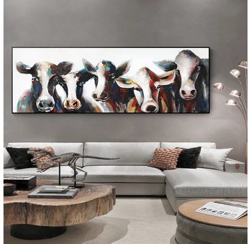 Allernieuwste.nl® Canvas Schilderij XL 5 Kleurige Koeien - 50 x 150 cm