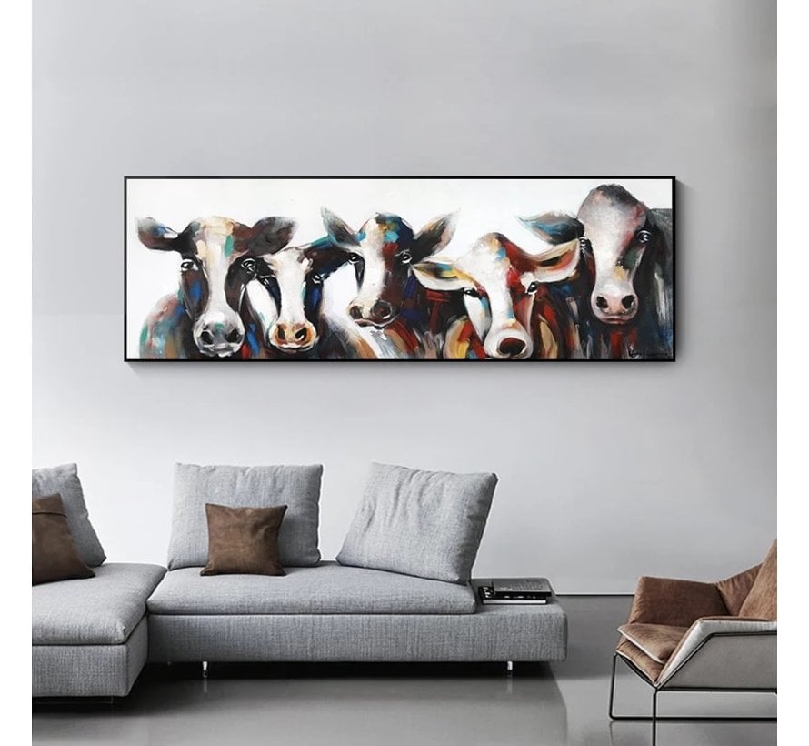 Allernieuwste.nl® Canvas Schilderij XL 5 Kleurige Koeien - PopArt Modern - Poster - 50 x 150 cm - Kleur