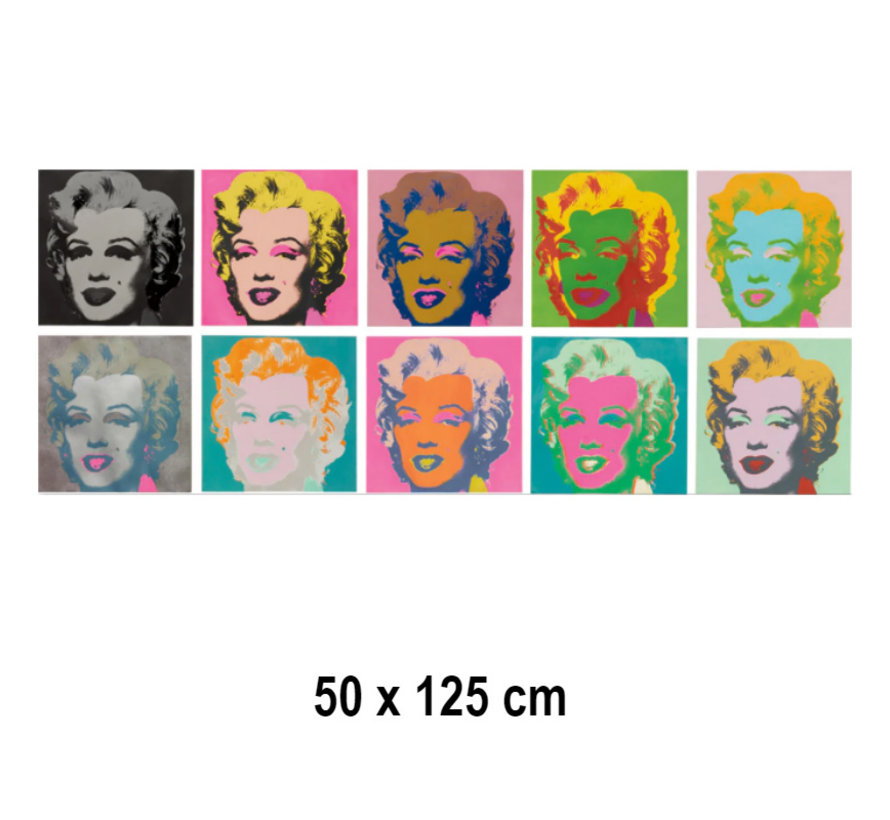 Allernieuwste.nl® Canvas Schilderij Andy Warhol 10x Marilyn Monroe  - Kunst aan je Muur - Grafitti - Kleur - 50 x 125 cm
