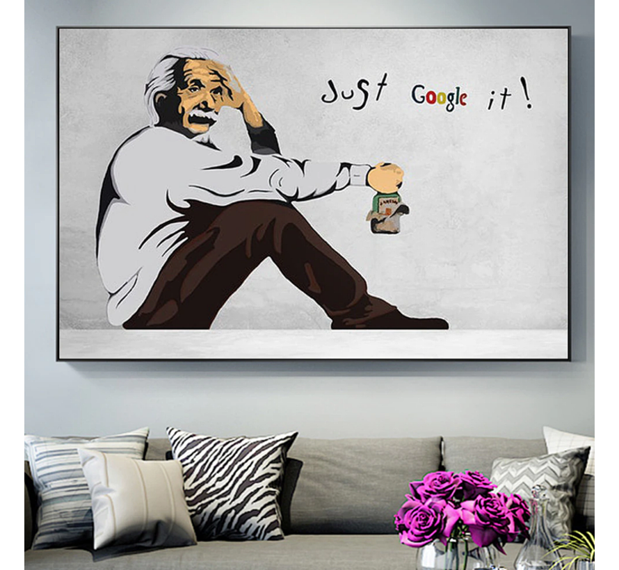 Allernieuwste.nl® Canvas Schilderij Banksy Just Google It ! - Modern Street Art Graffiti PopArt - Kleur - 50 x 70 cm