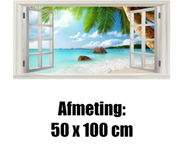 Allernieuwste.nl® Canvas Schilderij Extra Venster met Tropisch uitzicht op Palmen en Zee  - 50 x 100 cm