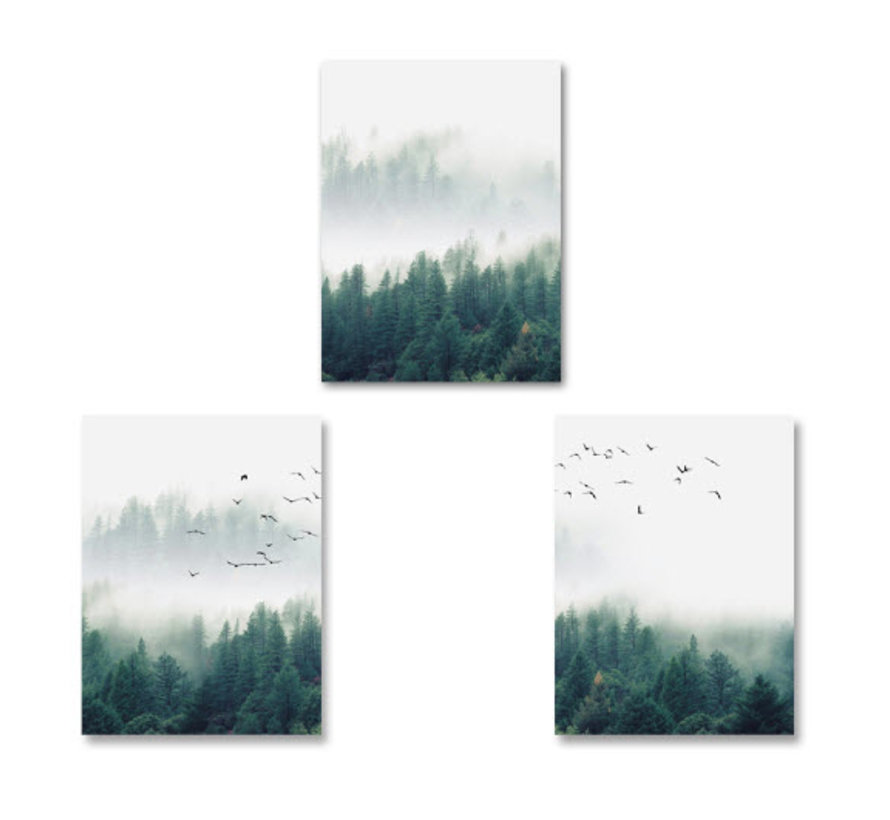 Allernieuwste.nl®-Delig Canvas Schilderij - MISTIG BOS - Noors bos met vogels - Woonkamer - Natuur - Poster - 3x 40x60cm - Kleur