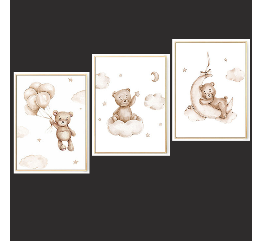 Allernieuwste.nl® Canvas Schilderijen 3 STUKS Troetelbeertjes voor Kinderkamer Babykamer - Lieve Beren - Kleur - 3 stuks elk 30 x 40 cm
