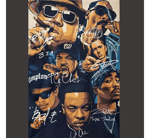 Allernieuwste.nl® Allernieuwste.nl® Wandkleed XL Hip Hop Legends 2PAC, Dr Dre, Snoop Dogg, Emenim, Biggie, Tupac, Ice Cube Met Handtekeningen - Muziek oude school - Kleur - 100 x 150 cm