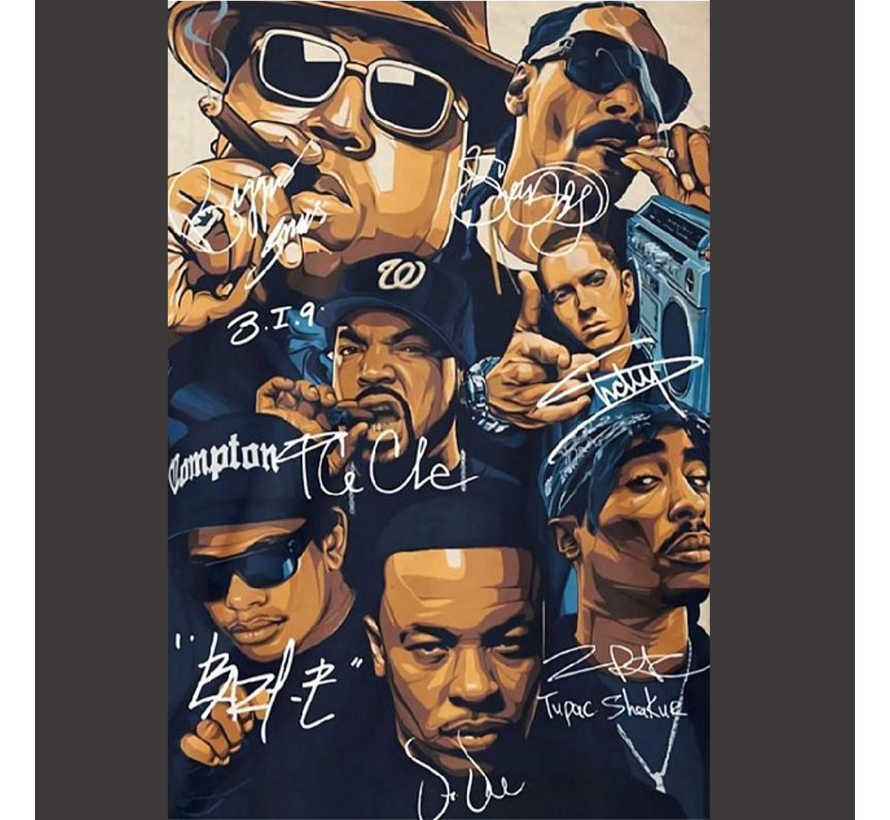 Allernieuwste.nl® Wandkleed XL Hip Hop Legends 2PAC, Dr Dre, Snoop Dogg, Emenim, Biggie, Tupac, Ice Cube Met Handtekeningen - Muziek oude school - Kleur - 100 x 150 cm