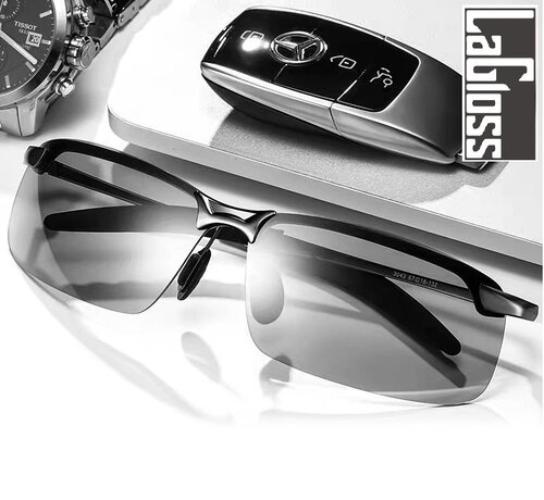 LaGloss® Lagloss® Stoere Kleur veranderende Heren Zonnebril - Lenskleur Grijs- Zwart montuur