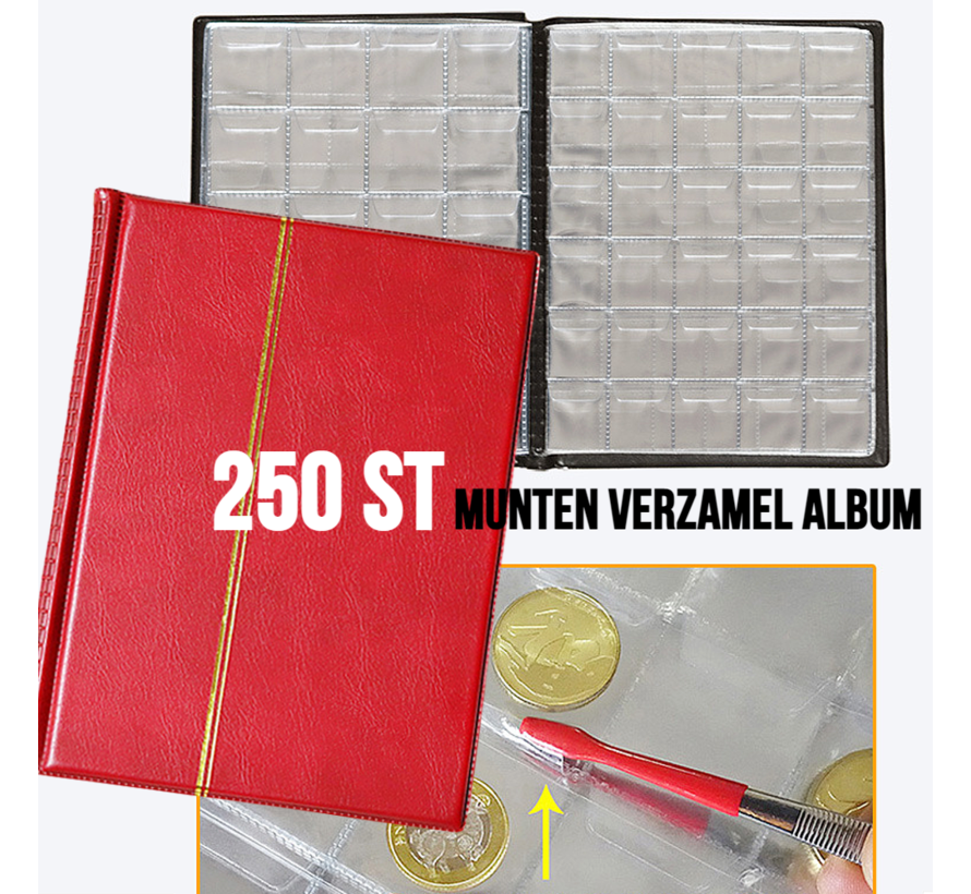 Allernieuwste.nl® Muntenalbum voor 250 Munten met Bescherm-rand tegen Uitvallen - Beginset Muntalbum - kleur album Rood