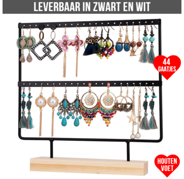 Allernieuwste.nl® Sieradenrekje met Houten Voet - voor 44 oorbellen - 2 Verdiepingen - Zwart