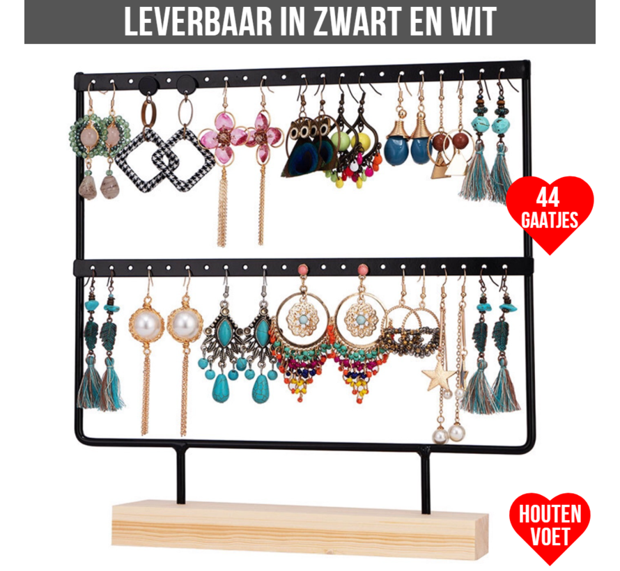 Allernieuwste.nl® Oorbellenrekje Sieradenrekje Oorbellen Display Sieraden Organizer ZWART - voor 44 oorbellen HOUTEN VOET - porte-bijoux - 2 Verdiepingen