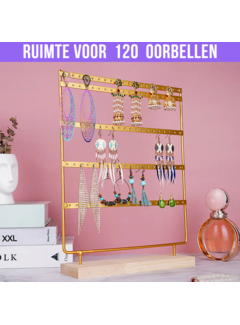 Allernieuwste.nl® Oorbellenrekje XXL met Houten Voet - voor 120 Oorbellen - 5 Verdiepingen - kleur Goud