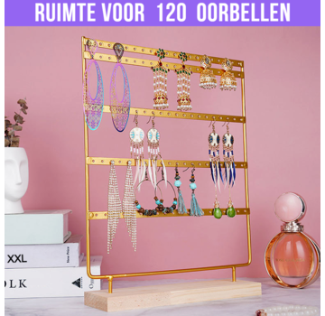 Allernieuwste.nl® Oorbellenrekje XXL met Houten Voet - voor 120 Oorbellen - 5 Verdiepingen - kleur Goud