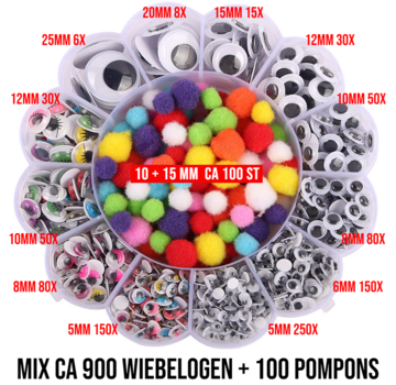 Allernieuwste.nl® ca. 900 Stuks Wiebelogen - Mix 5 tot 25 mm -  Zwart Wit en Gekleurd