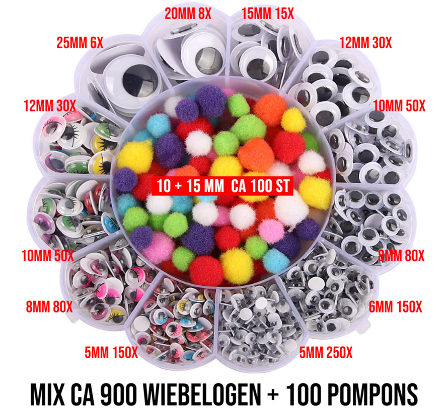 Allernieuwste.nl® ca 900 Stuks Wiebelogen Mix 5 tot 25 mm - Bewegende Zelfklevende Wiebel Oogjes Mix Assortie  - Creatieve Knutsel Ogen ZwartWit en Gekleurd 900 STUKS