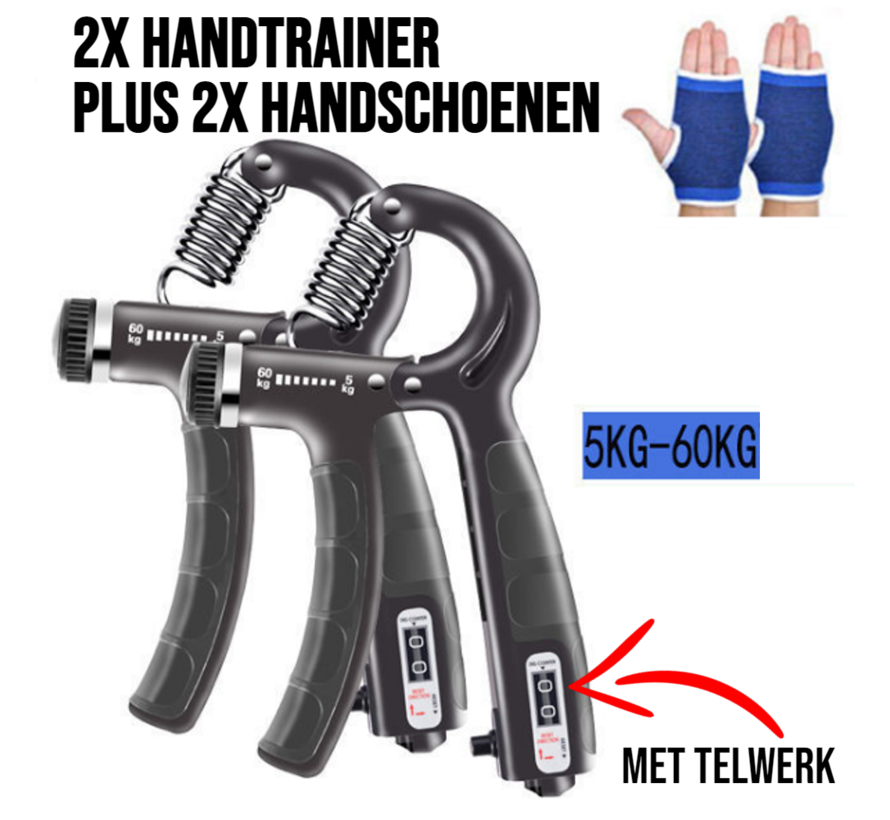 Allernieuwste.nl® SET 2 STUKS Handtrainers Met Telwerk en 2 STUKS Handschoenen Gratis - Handknijper Vingertrainer Grip Trainer 5kg-60kg - Zwart SET 2 + 2