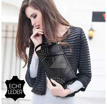 LaGloss® Echt Leder Damestas met Gouden Studs - Zwart - 24 x 16 cm