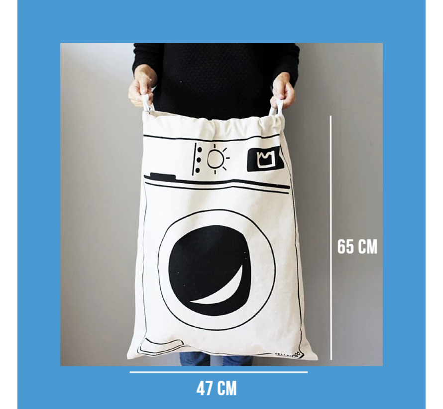 Grote Waszak met Wasmachine Print – Katoenen Wasmand / Laundry Bag met Trekkoord – 65 x 47 cm – Ecru/Zwart