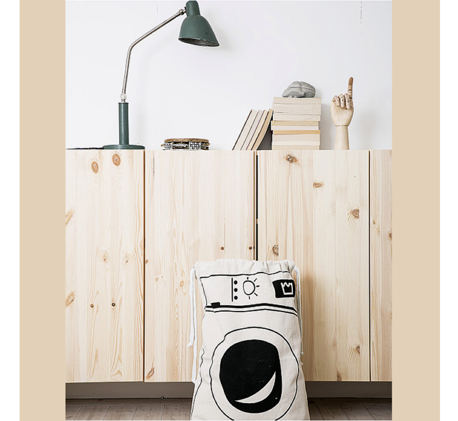 Waszak met Wasmachine Print - Wasgoed Opbergtas met Trekkoord - Badkamer Was Zak - Laundry Bag - wit-zwart - 65 x 47 cm