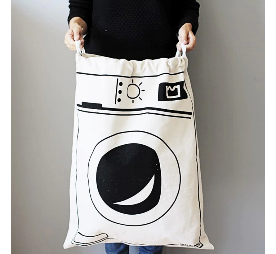 Waszak met Wasmachine Print - Wasgoed Opbergtas met Trekkoord - Badkamer Was Zak - Laundry Bag - wit-zwart - 65 x 47 cm