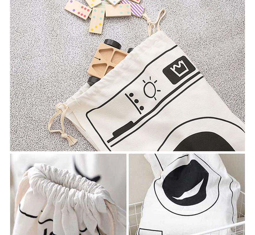 Waszak met Wasmachine Print - Wasgoed Opbergtas met Trekkoord - Badkamer Was Zak - Laundry Bag - wit-zwart - 65 x 47 cm