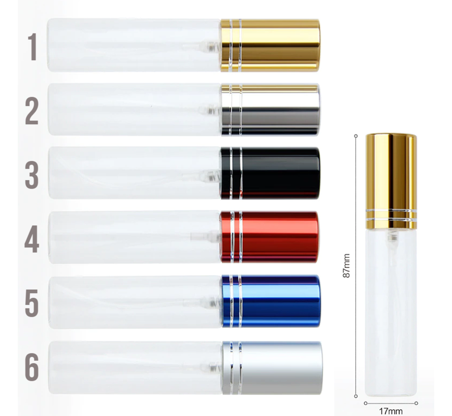 LaGloss® 6 STUKS Mini Parfum Verstuivers 10 ml Navulbaar MIX kleuren - Lege Helder Glas Hervulbare Parfumfles Tasverstuiver - 8,7 x 1.7 cm - 6x 10ML