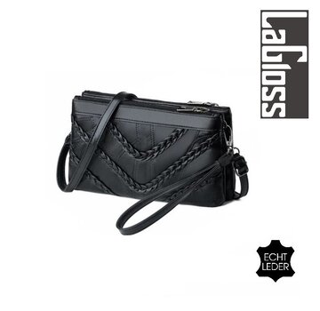 LaGloss® ECHT LEDER Dames Schoudertas Gevlochten 1 - Zwart - 23 x 14 cm