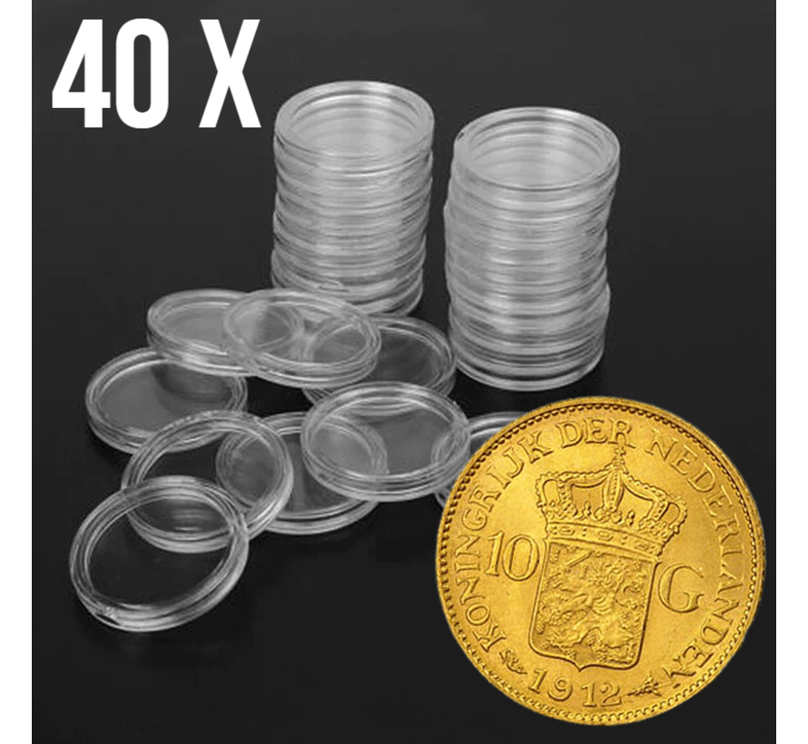 Allernieuwste.nl® 40 stuks Muntcapsules Ø 23 mm - Transparante Munt Capsules - Munthouders voor Gouden Tientjes, gouden en zilveren munten, penningen, tokens - Doorzichtig Glashelder Kunststof 23mm