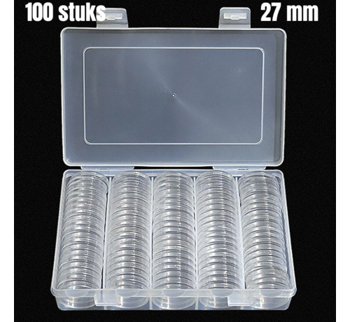 Allernieuwste.nl® Allernieuwste.nl® 100 stuks MUNTcapsules Ø 27mm in OPBERGBOX - Transparant Glashelder - Munthouders voor gouden en zilveren munten, penningen, tokens - 27 mm