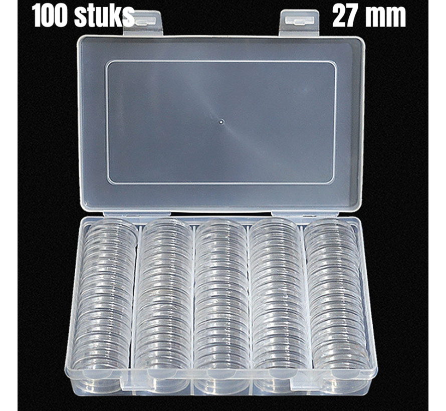 Allernieuwste.nl® 100 stuks MUNTcapsules Ø 27mm in OPBERGBOX - Transparant Glashelder - Munthouders voor gouden en zilveren munten, penningen, tokens - 27 mm