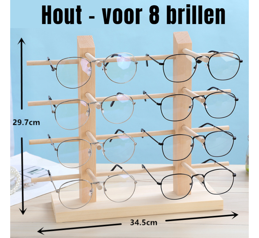 Allernieuwste.nl® Brillendisplay Hout voor 8 Brillen en Zonnebrillen - Houten Brillen Standaard Display Opberg Hout - 8 Brillen