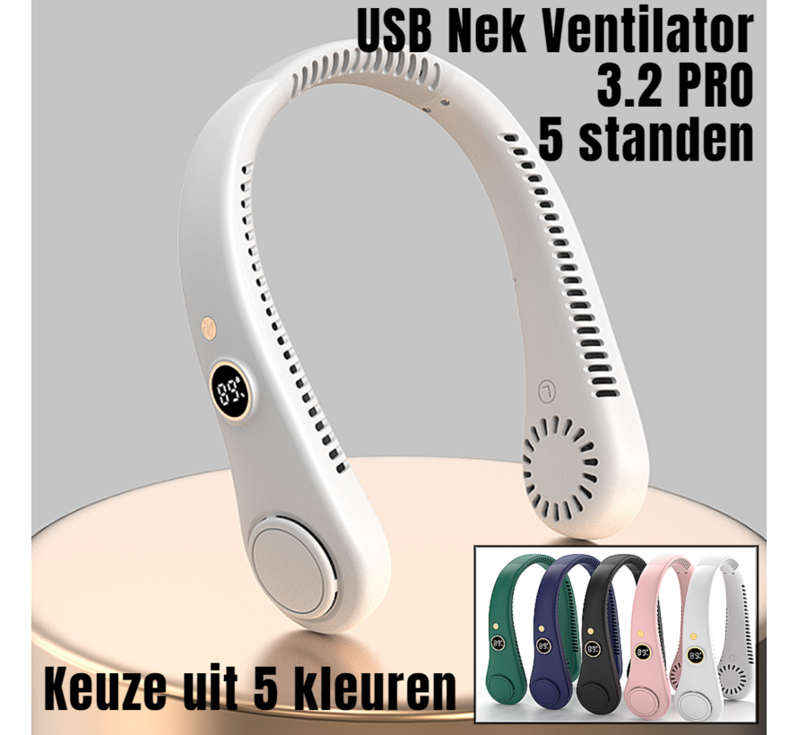 Allernieuwste.nl® USB Nek Ventilator 3.2 PRO met 5 STANDEN en Digitaal Display - Bladloze Nekventilator Hals Ventilator 5000mAh - 21 x 16.5 x 6 cm - WIT