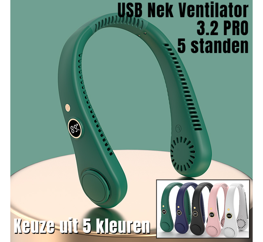 Allernieuwste.nl® USB Nek Ventilator 3.2 PRO met 5 STANDEN en Digitaal Display - Bladloze Nekventilator Hals Ventilator 5000mAh - 21 x 16.5 x 6 cm - GROEN