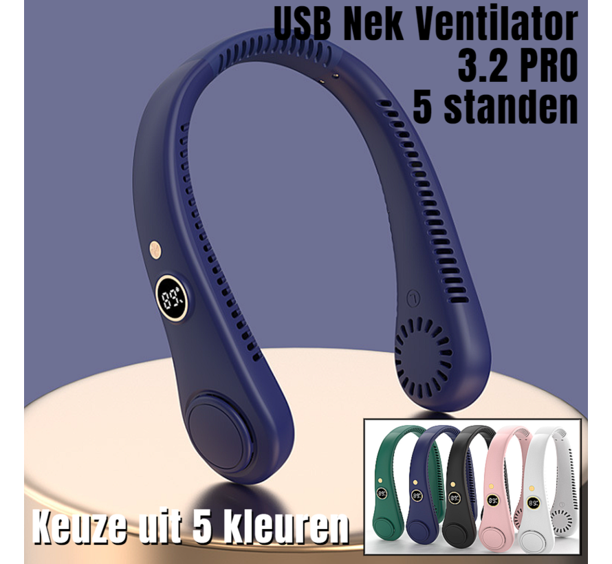Allernieuwste.nl® USB Nek Ventilator 3.2 PRO met 5 STANDEN en Digitaal Display - Bladloze Nekventilator Hals Ventilator 5000mAh - 21 x 16.5 x 6 cm - BLAUW