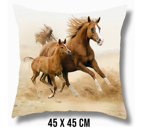 Allernieuwste.nl® Allernieuwste.nl® Kussen Paard met Veulen - Kussenhoes polyester peach skin Perzikhuid Paarden - Kussenovertrek - Kleur 45 x 45 cm