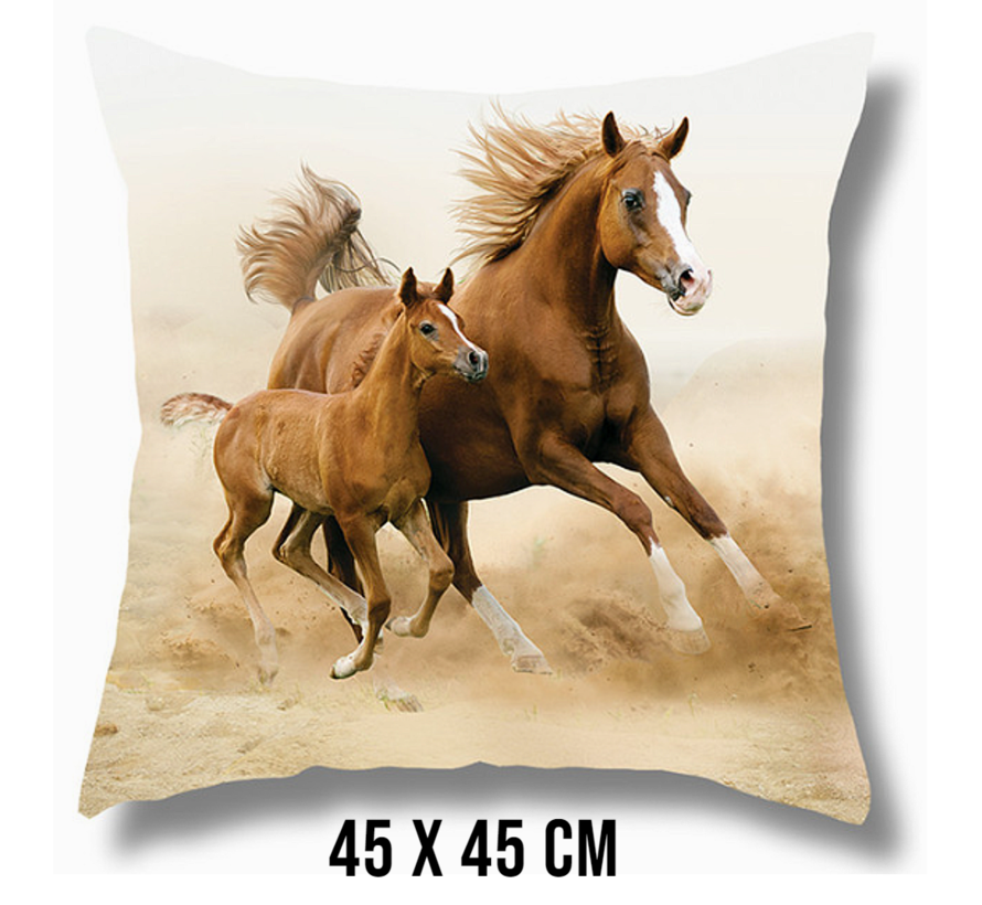 Allernieuwste.nl® Kussen Paard met Veulen - Kussenhoes polyester peach skin Perzikhuid Paarden - Kussenovertrek - Kleur 45 x 45 cm