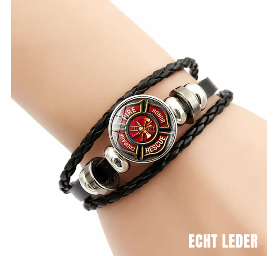 Allernieuwste.nl® Armband Brandweer Helden - Dames Heren Armbanden Unisex - Verstelbaar Zwart Leer 26 x 2 cm