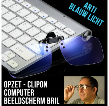 Allernieuwste.nl® Allernieuwste Opzet Bril Computerbril voor Beeldschermen met Anti Blauw Licht Glazen - Stralingsbescherming Opzetbril  - Dames Heren Beeldschermbril - Ultralight Kantoorbril Klemmen op je Bril - Clip On Klem