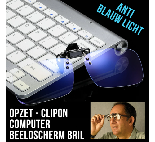 Allernieuwste.nl® Allernieuwste Opzet Bril Computerbril voor Beeldschermen met Anti Blauw Licht Glazen - Stralingsbescherming Opzetbril - Dames Heren Beeldschermbril - Ultralight Kantoorbril Klemmen op je Bril - Clip On Klem