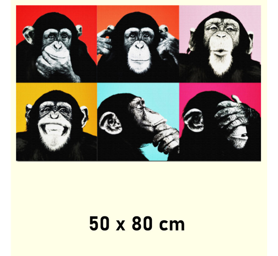 Allernieuwste.nl® Canvas Schilderij Andy Warhol: 6 Monkeys - Kunst aan je Muur - Modern - Kleur - 50 x 80 cm - Copy