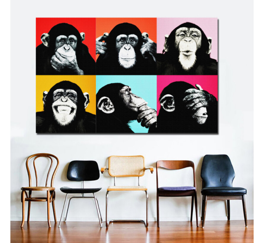 Allernieuwste.nl® Canvas Schilderij Andy Warhol: 6 Monkeys - Kunst aan je Muur - Modern - Kleur - 50 x 80 cm - Copy