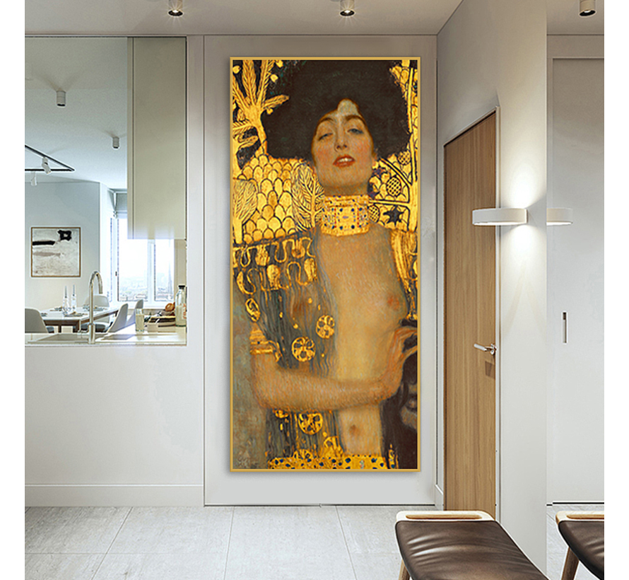 Allernieuwste.nl® Canvas Schilderij Gustav Klimt Judith En Holofernes of Judith I - Kunst - 60 x 120 cm - Goud Kleur