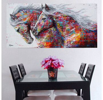 Allernieuwste.nl® Canvas Schilderij 2 Grafitti Paarden -  40 x 80 cm