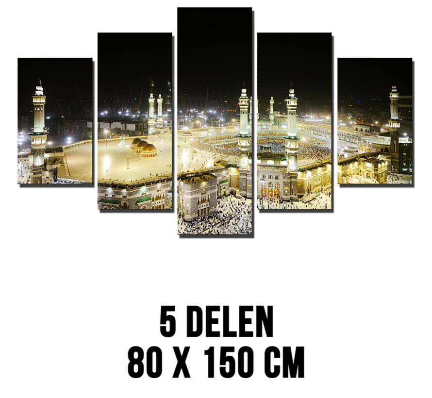 Allernieuwste.nl® Canvas Schilderij 5-luik Mekka Islamitische Heilige Landschap Moslim Moskee - Kleur - Religie - 80 x 150 cm