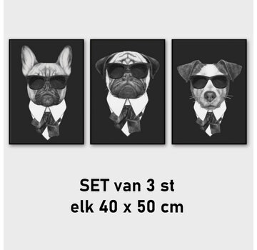 Allernieuwste.nl® Canvas Schilderij SET Maffia Honden met Zonnebril - 3x 40 x 50 cm