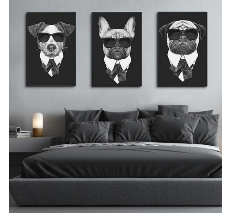 Allernieuwste.nl® Set van 3 st Canvas Schilderij Maffia Honden met Zonnebril - Woonkamer - Modern - Poster - 3-luik - 40 x 50 cm - Zwart-Wit