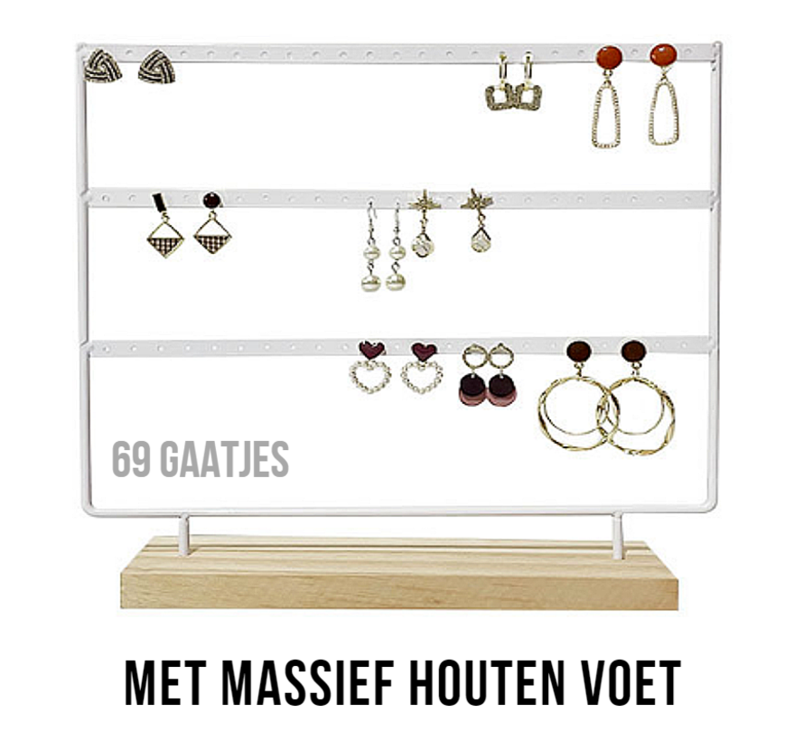 Allernieuwste.nl® Oorbellenrekje Sieradenrekje Oorbellen Display Sieraden Organizer WIT - 69 oorbellen HOUTEN VOET - porte-bijoux - 3 Verdiepingen - Kleur Wit