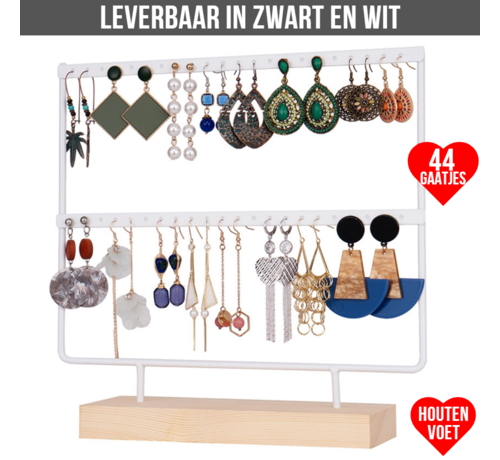 Allernieuwste.nl® Allernieuwste.nl® Oorbellenrekje Sieradenrekje Oorbellen Display Sieraden Organizer WIT - voor 44 oorbellen HOUTEN VOET - 2 Verdiepingen - porte-bijoux - 27x7x26cm - Kleur Wit