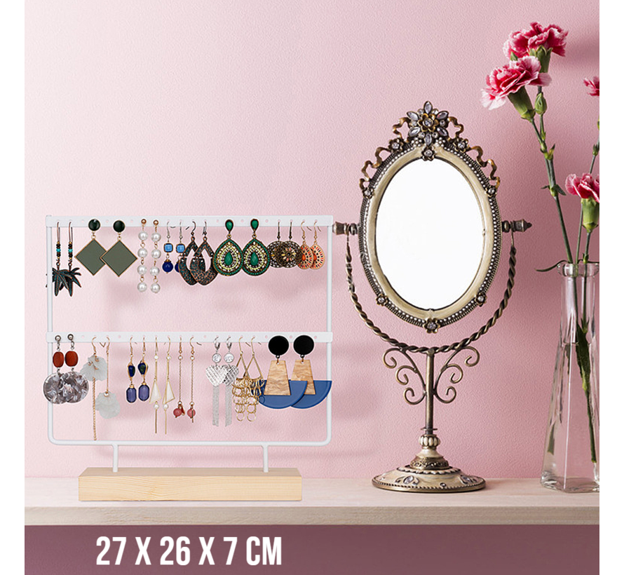 Allernieuwste.nl® Oorbellenrekje Sieradenrekje Oorbellen Display Sieraden Organizer WIT - voor 44 oorbellen HOUTEN VOET - 2 Verdiepingen - porte-bijoux - 27x7x26cm - Kleur Wit