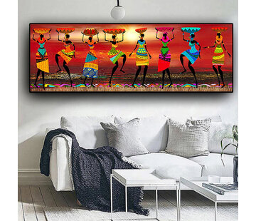 Allernieuwste.nl® Canvas Schilderij 8 Afrikaanse Dansende Vrouwen 50 x 150 cm