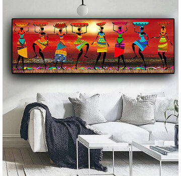 Allernieuwste.nl® Canvas Schilderij 8 Afrikaanse Dansende Vrouwen 50 x 150 cm