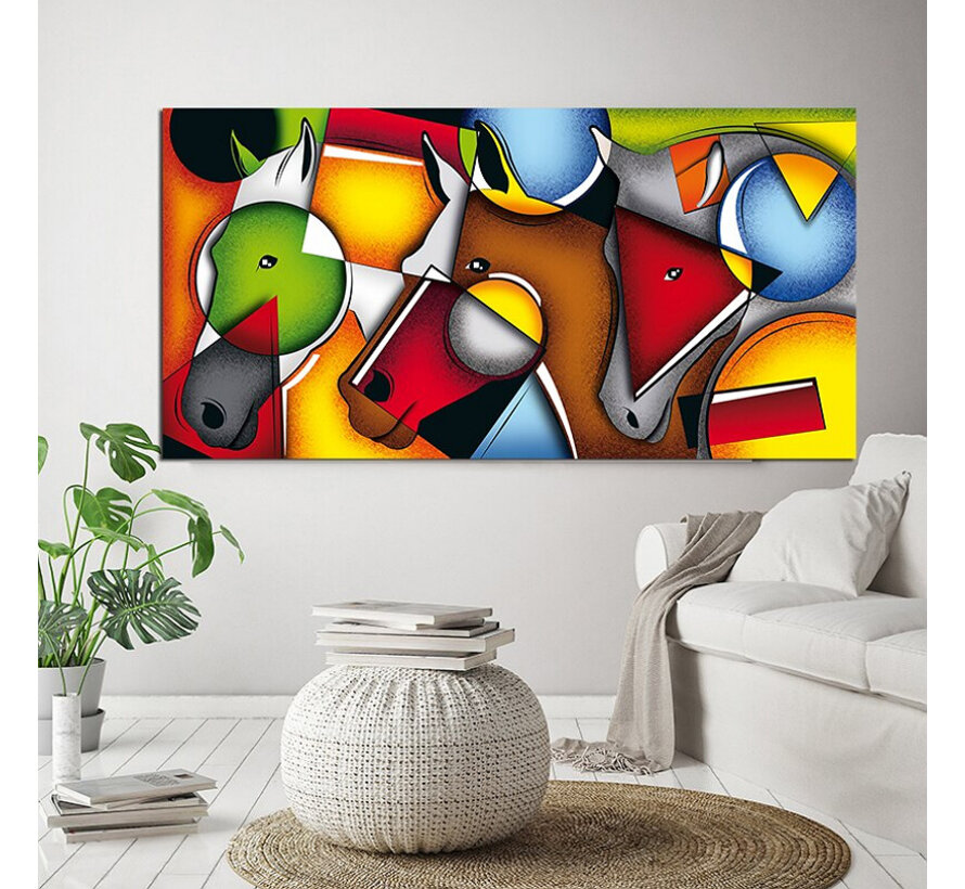 Allernieuwste.nl® Canvas Schilderij * Abstracte Paarden * - Moderne Kunst aan je Muur - Modern Abstract Kubisme - Kleur - 50 x 100 cm